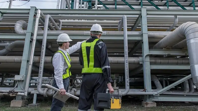 Two workers in safety gear inspect industrial piping while carrying tools at a processing plant
