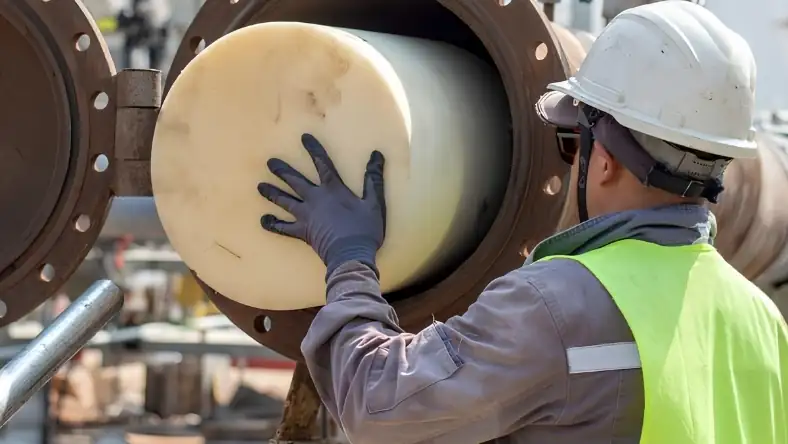 Close-up of a gloved hand carefully positioning an inline inspection pig into industrial pipeline flanges