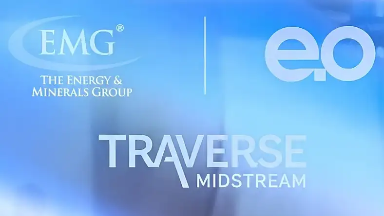 Logos for The Energy and Minerals Group, ePointZero, and Traverse Midstream on a light blue background