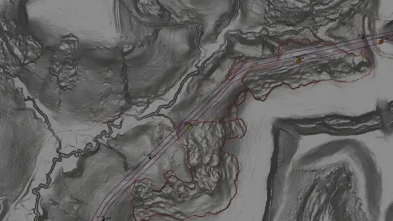 Terrain contour map showing hills, a river valley, and a pipeline path marked with numbered survey points