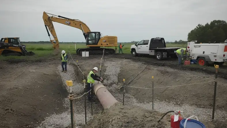Workers in hard hats lower a large pipe into a gravel-lined trench beside an excavator and pickup truck