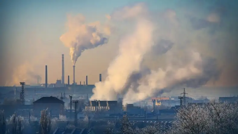 An industrial skyline with tall chimneys releasing dense smoke over frosted trees and rooftops below